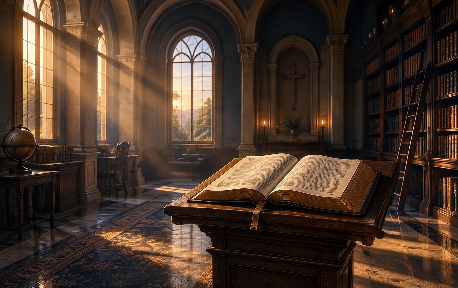 Sunlit library chapel with an open Bible